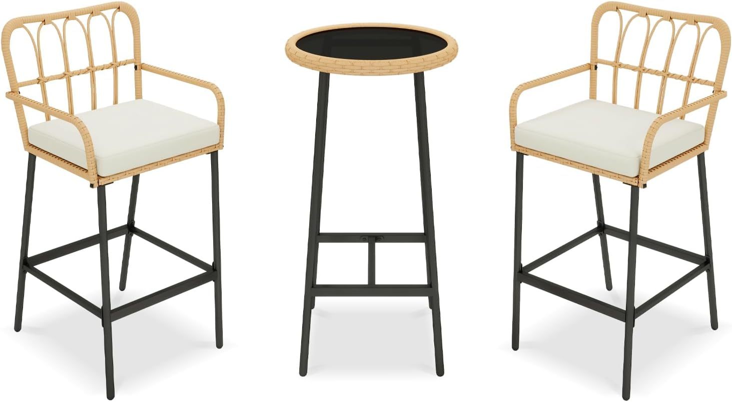 3 Pieces Patio Bar Table Set, Outdoor Wicker Bar, All Weather Height Bar Stools and Table Set, for Garden, Deck