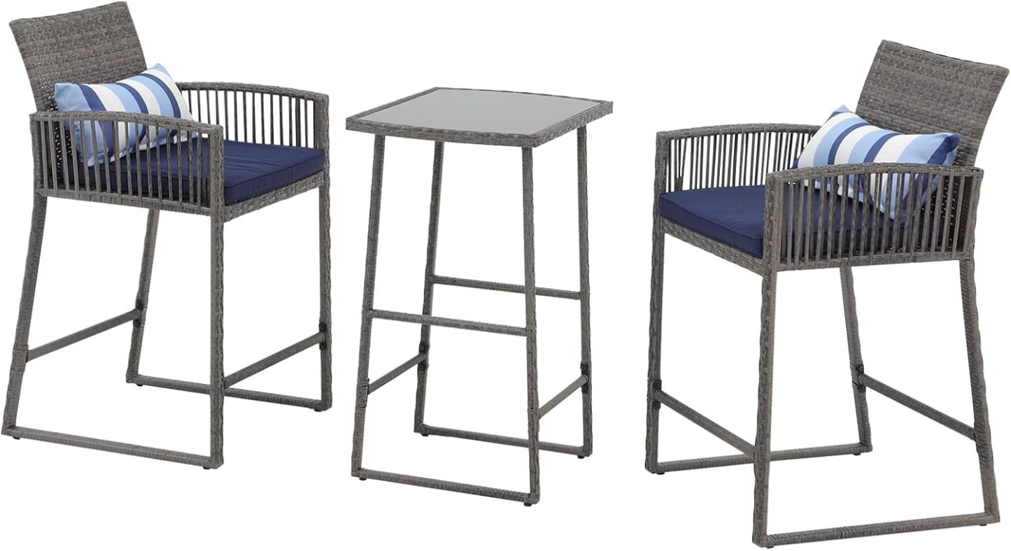 3-Piece Outdoor Wicker Bar Height Table Set, 2 Bar Stools and 1 Pub Table with 2 Striped Pillows, Grey Rattan, Blue Seat Cushions