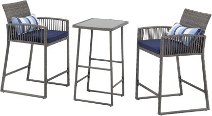 3-Piece Outdoor Wicker Bar Height Table Set, 2 Bar Stools and 1 Pub Table with 2 Striped Pillows, Grey Rattan, Blue Seat Cushions