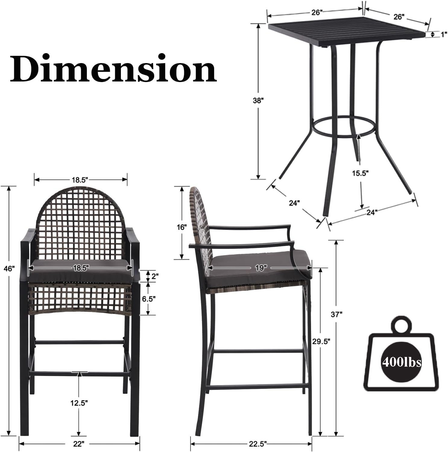 Outdoor High Stool Bistro Set with 2 Bar Chairs, 3 Piece Patio Bar Table Sets, Wicker Outdoor Bar Set