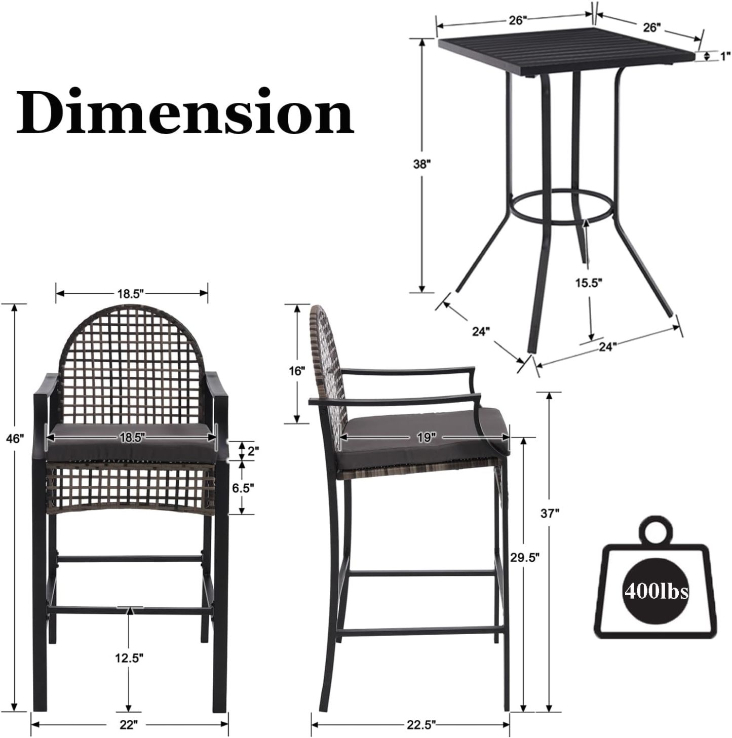 Outdoor High Stool Bistro Set with 2 Bar Chairs, 3 Piece Patio Bar Table Sets, Wicker Outdoor Bar Set