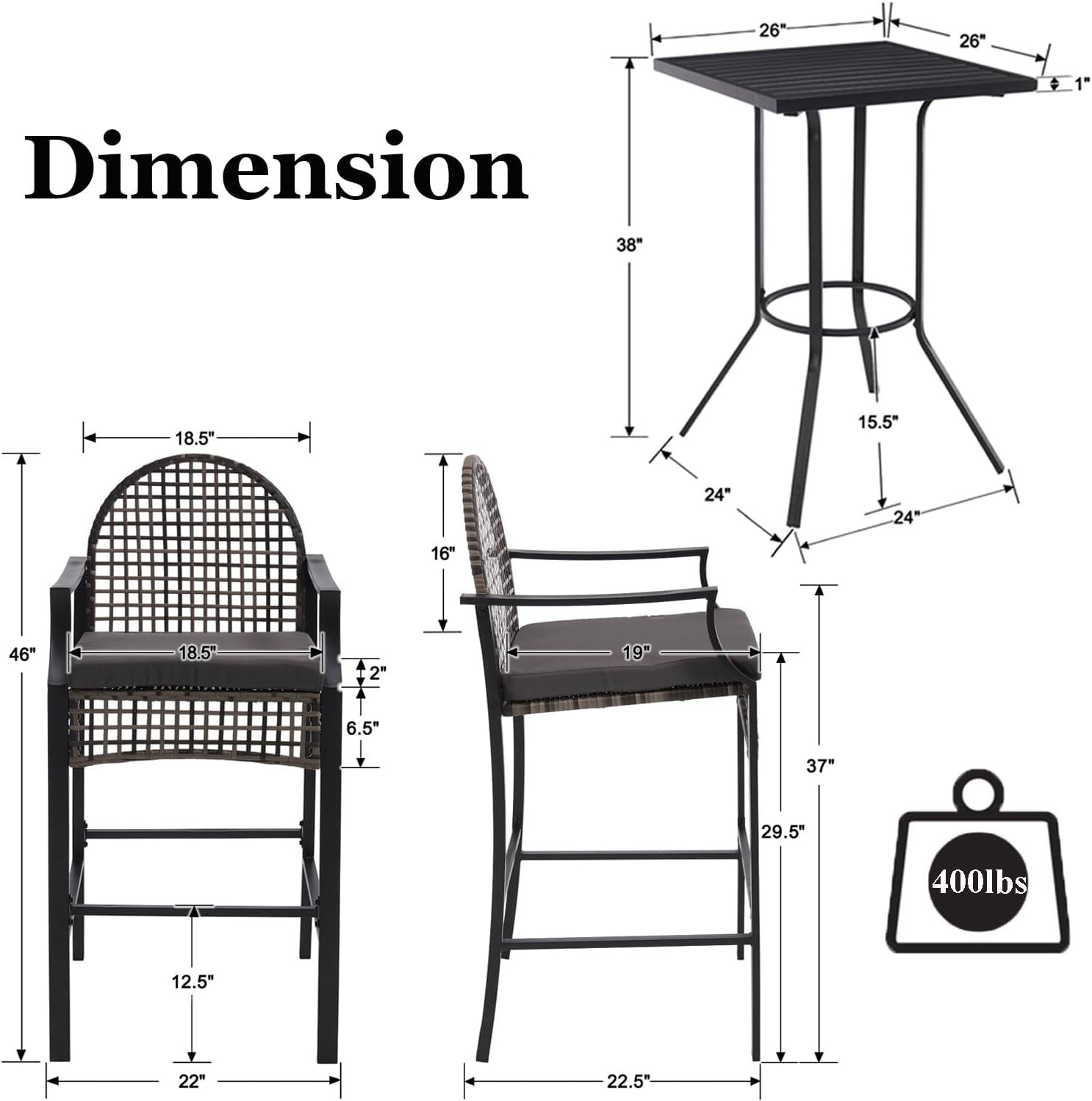 Outdoor High Stool Bistro Set with 2 Bar Chairs, 3 Piece Patio Bar Table Sets, Wicker Outdoor Bar Set