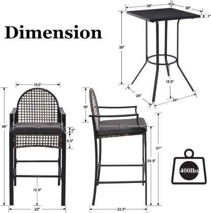 Outdoor High Stool Bistro Set with 2 Bar Chairs, 3 Piece Patio Bar Table Sets, Wicker Outdoor Bar Set