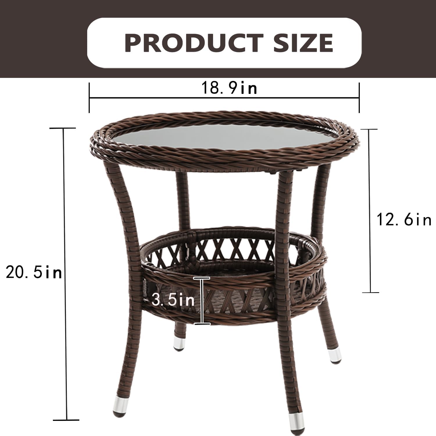 Outdoor Side Table Patio Wicker Coffee Table Outdoor End Table Rattan Bistro Table with Storage & Black Glass Table Top
