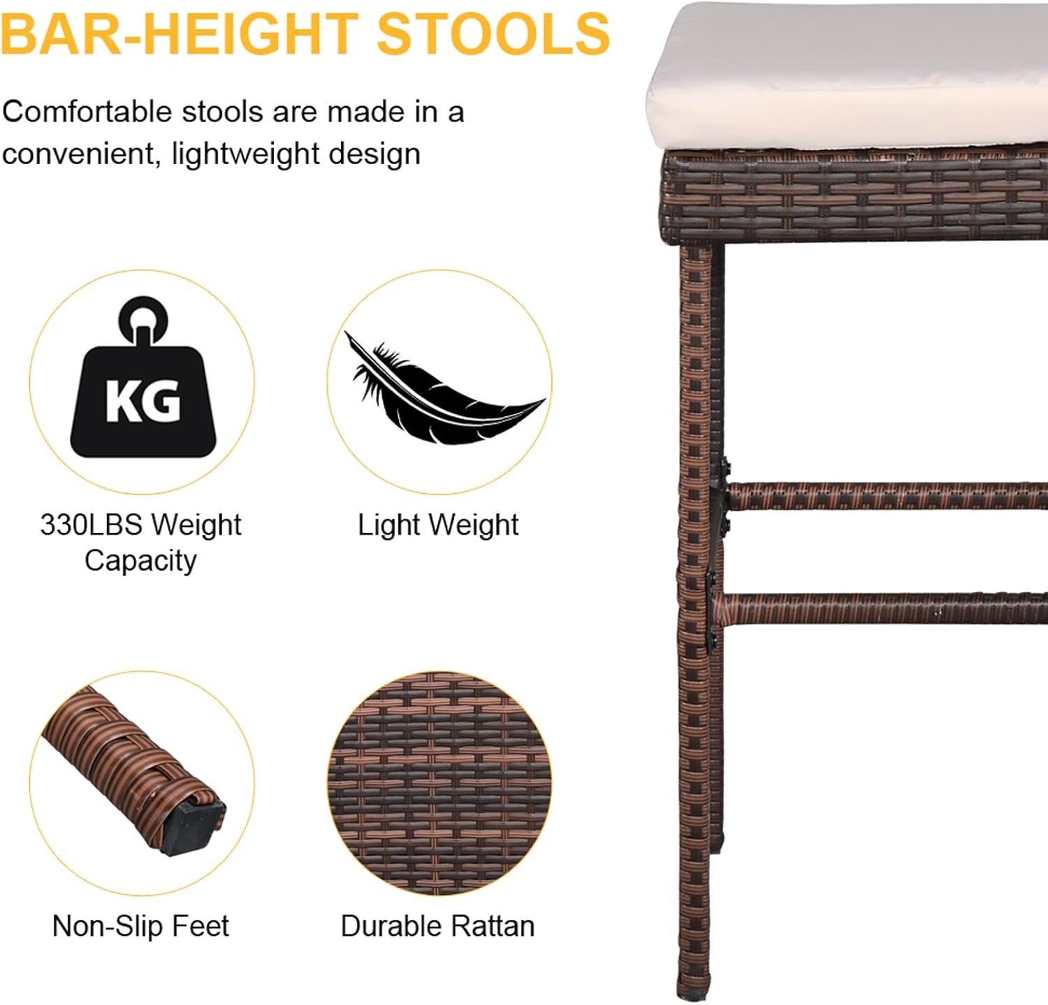 Wicker Patio Outdoor Bar Set with Glass Top Table and Two Cushioned Stools Brown Backyard Furniture