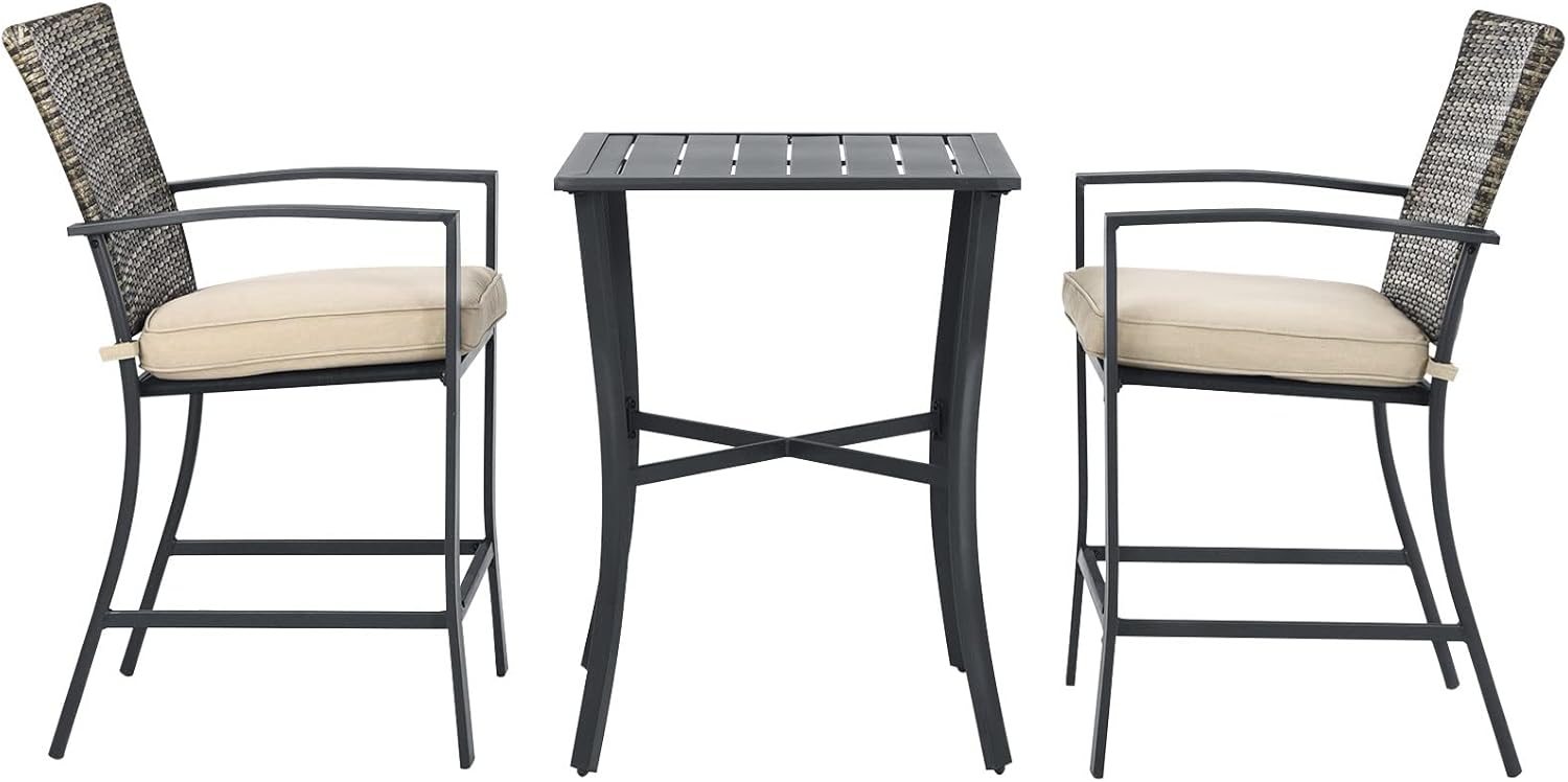 3 Piece Patio Bar Set, Outdoor Bistro Set w/ 27.5" Square Table, 2 Wicker Cushioned Chairs, Ergonomic Armrest & Backrest