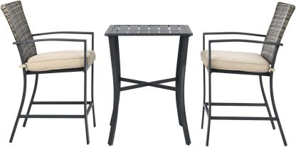 3 Piece Patio Bar Set, Outdoor Bistro Set w/ 27.5" Square Table, 2 Wicker Cushioned Chairs, Ergonomic Armrest & Backrest