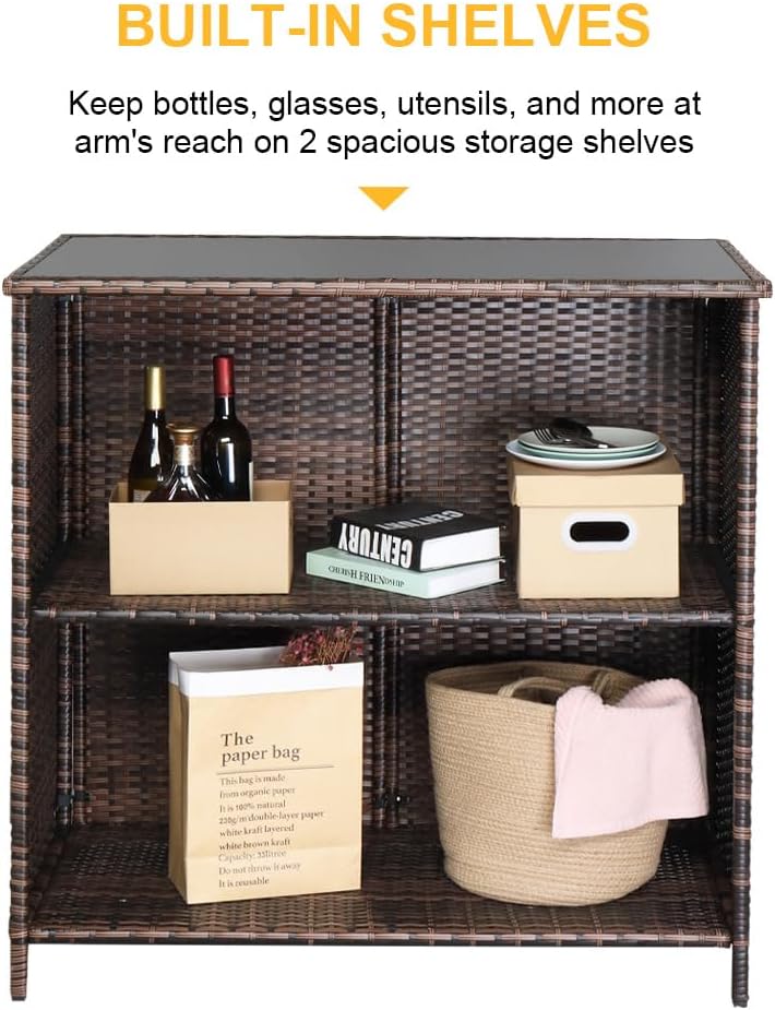 3 Piece Rattan Patio Bar Set with Stools 40" Height Tempered Glass Top Bar Table All-Weather Brown Wicker Furniture