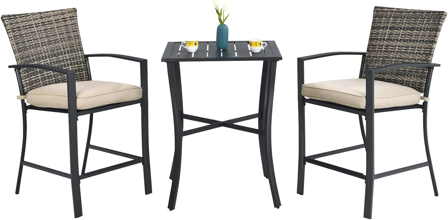 3 Piece Patio Bar Set, Outdoor Bistro Set w/ 27.5" Square Table, 2 Wicker Cushioned Chairs, Ergonomic Armrest & Backrest