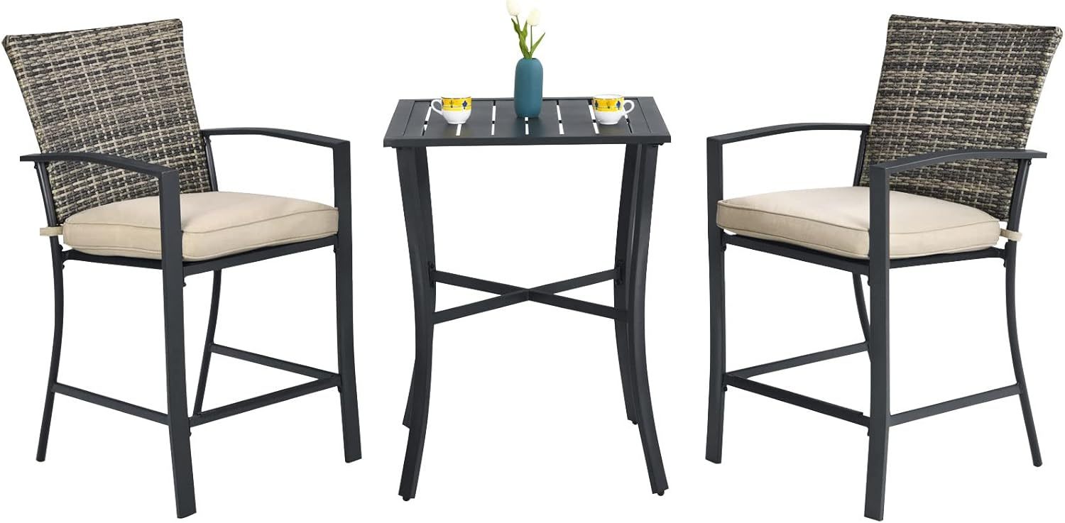 3 Piece Patio Bar Set, Outdoor Bistro Set w/ 27.5" Square Table, 2 Wicker Cushioned Chairs, Ergonomic Armrest & Backrest