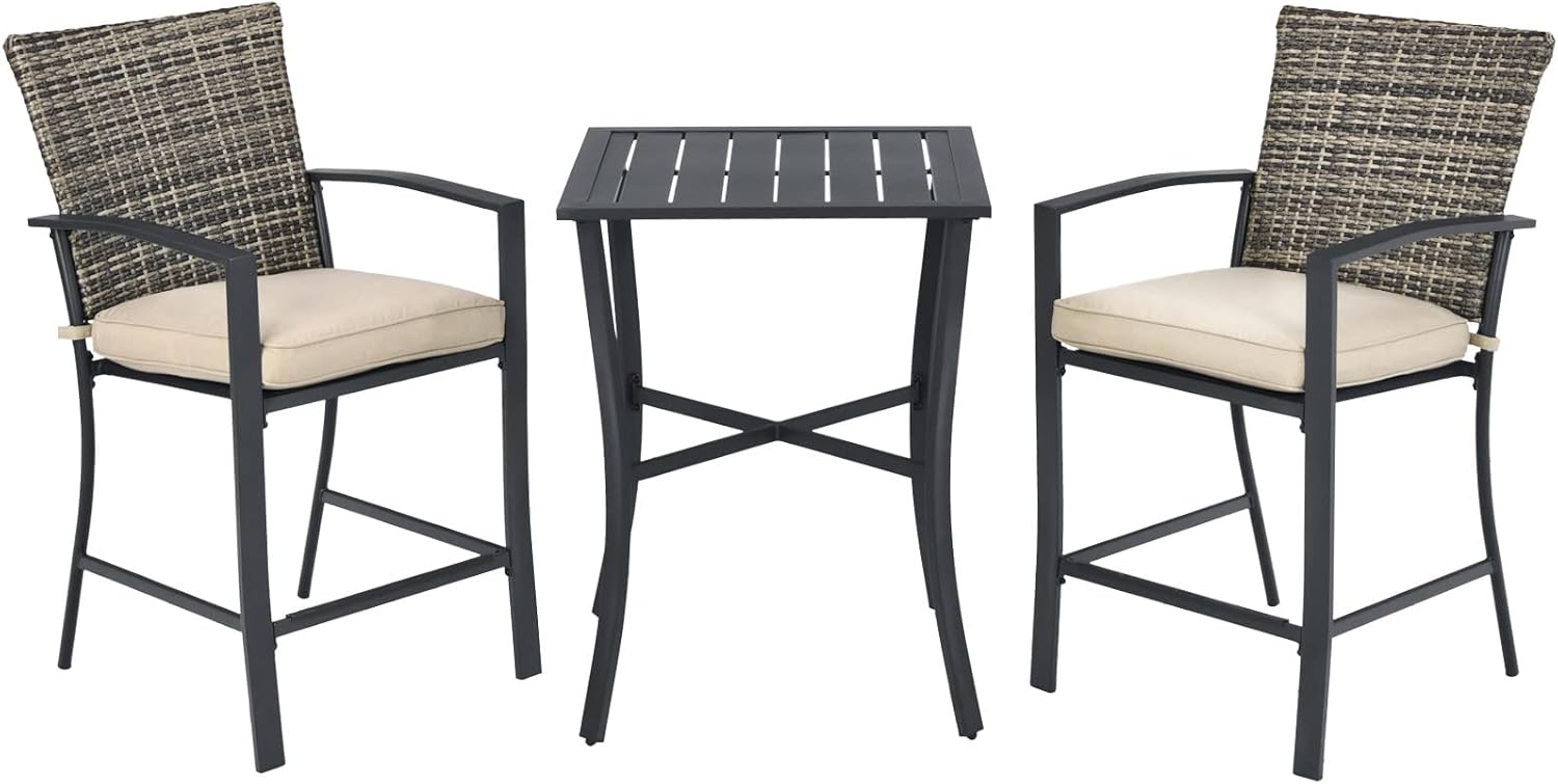 3 Piece Patio Bar Set, Outdoor Bistro Set w/ 27.5" Square Table, 2 Wicker Cushioned Chairs, Ergonomic Armrest & Backrest