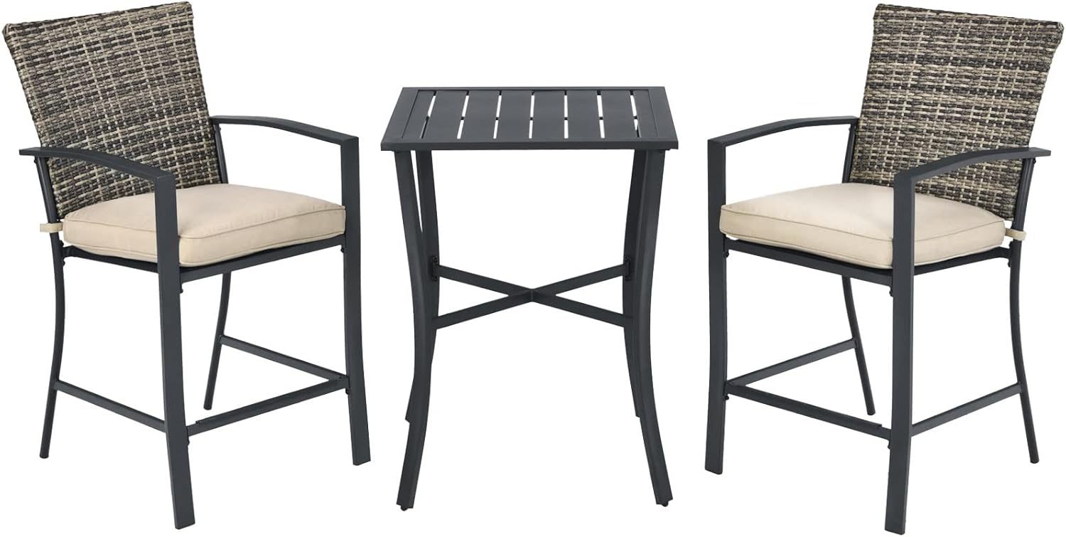 3 Piece Patio Bar Set, Outdoor Bistro Set w/ 27.5" Square Table, 2 Wicker Cushioned Chairs, Ergonomic Armrest & Backrest