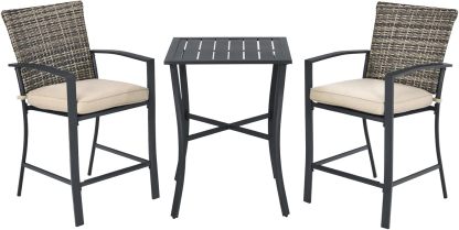 3 Piece Patio Bar Set, Outdoor Bistro Set w/ 27.5" Square Table, 2 Wicker Cushioned Chairs, Ergonomic Armrest & Backrest