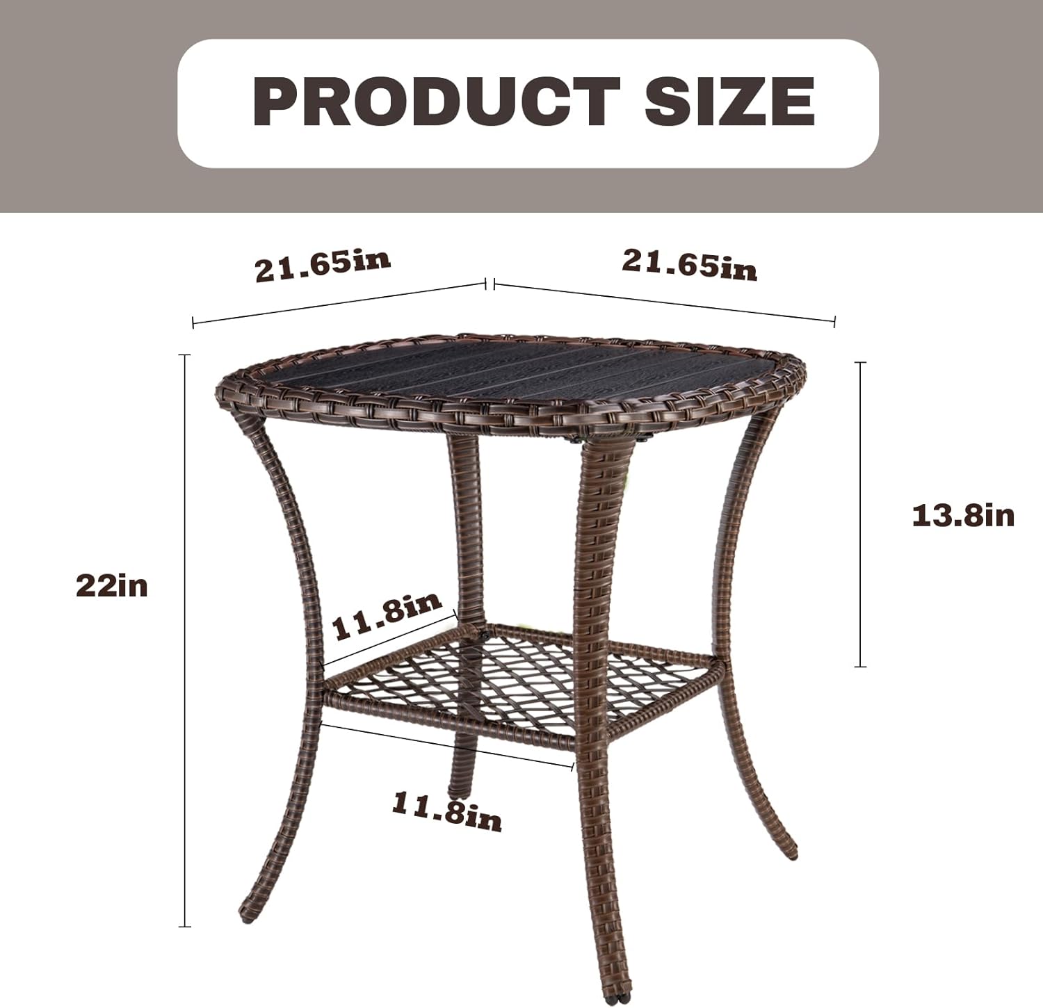 Outdoor Side Table Patio Wicker Coffee Table Outdoor End Table Rattan Bistro Table with Storage & Poly Lumber Table Top