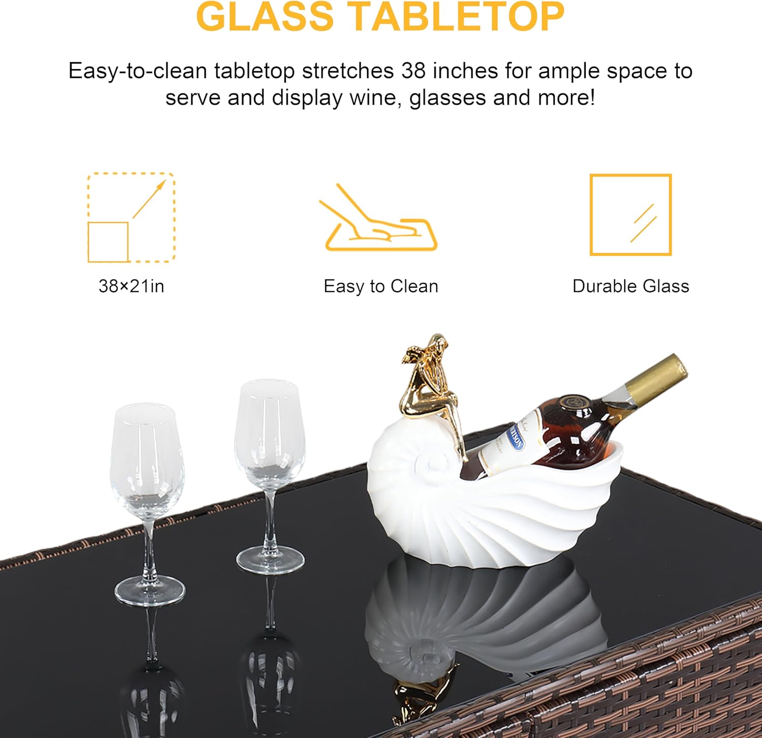 3 Piece Rattan Patio Bar Set with Stools 40" Height Tempered Glass Top Bar Table All-Weather Brown Wicker Furniture