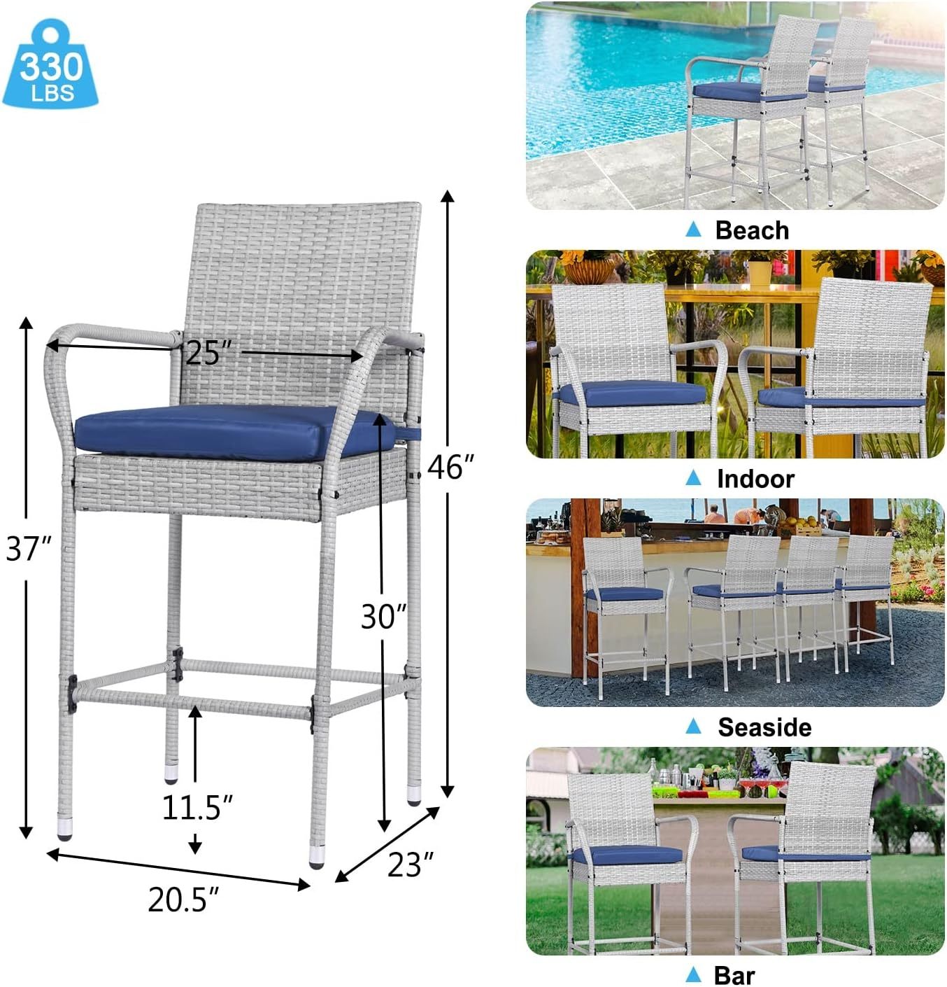 Outdoor Bar Stools Set of 4 Patio Chairs Bar Height Wicker Counter Height Bar Stools Patio Stools & Bar Chairs with Footrest Armrest Cushion Navy Blue