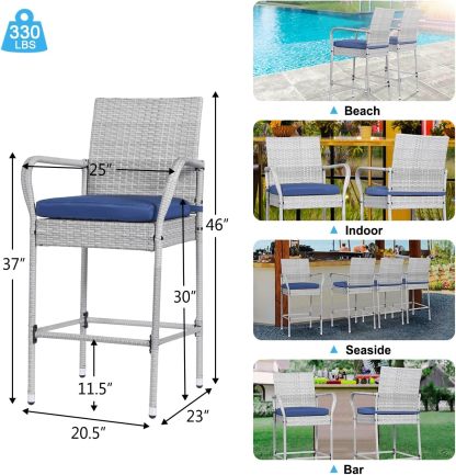 Outdoor Bar Stools Set of 4 Patio Chairs Bar Height Wicker Counter Height Bar Stools Patio Stools & Bar Chairs with Footrest Armrest Cushion Navy Blue