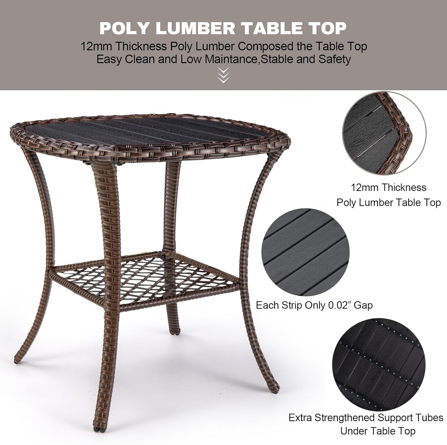 Outdoor Side Table Patio Wicker Coffee Table Outdoor End Table Rattan Bistro Table with Storage & Poly Lumber Table Top