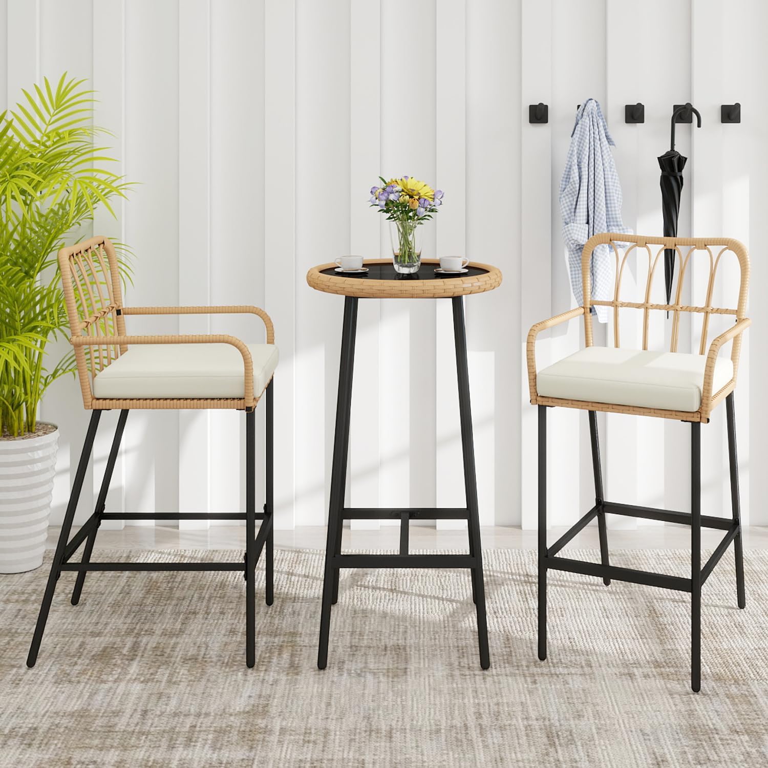 3 Pieces Patio Bar Table Set, Outdoor Wicker Bar, All Weather Height Bar Stools and Table Set, for Garden, Deck