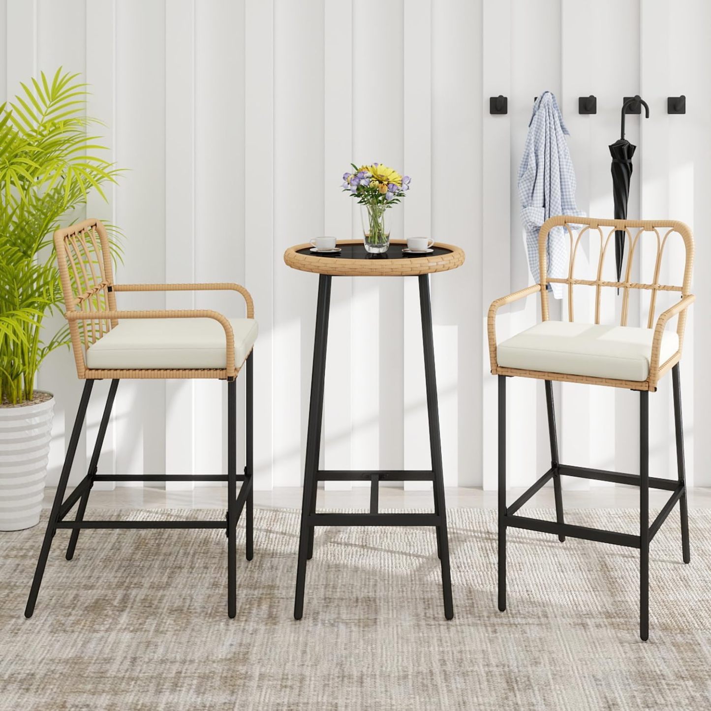 3 Pieces Patio Bar Table Set, Outdoor Wicker Bar, All Weather Height Bar Stools and Table Set, for Garden, Deck