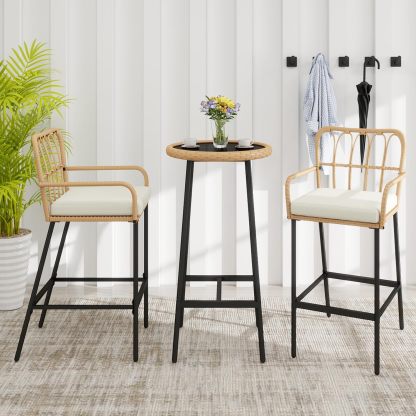 3 Pieces Patio Bar Table Set, Outdoor Wicker Bar, All Weather Height Bar Stools and Table Set, for Garden, Deck