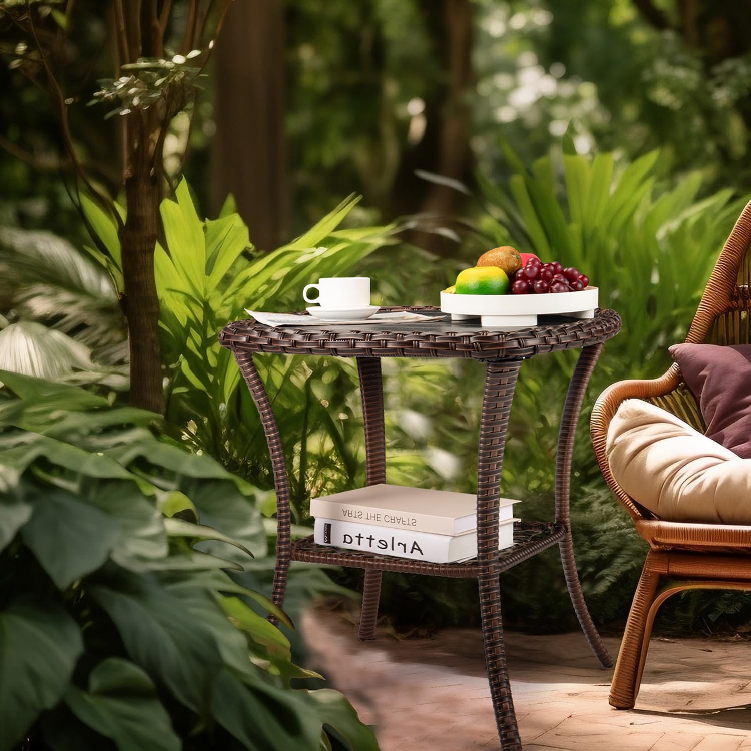 Outdoor Side Table Patio Wicker Coffee Table Outdoor End Table Rattan Bistro Table with Storage & Poly Lumber Table Top