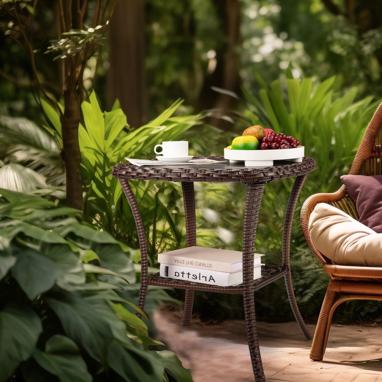 Outdoor Side Table Patio Wicker Coffee Table Outdoor End Table Rattan Bistro Table with Storage & Poly Lumber Table Top