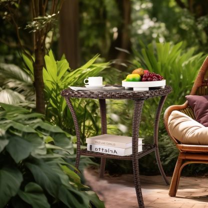 Outdoor Side Table Patio Wicker Coffee Table Outdoor End Table Rattan Bistro Table with Storage & Poly Lumber Table Top