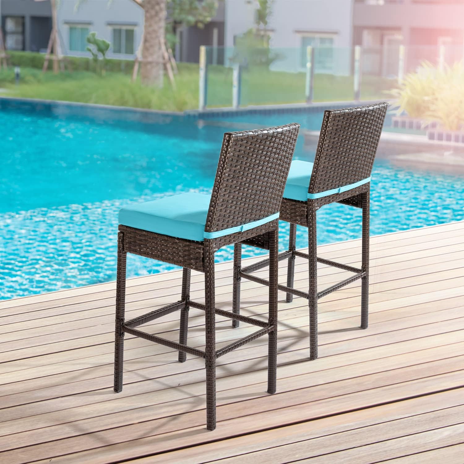 Outdoor Bar Stools Wicker Woven Patio Stools & Patio Bar Chairs Set of 2 Counter Bar Height Stools with Footrest