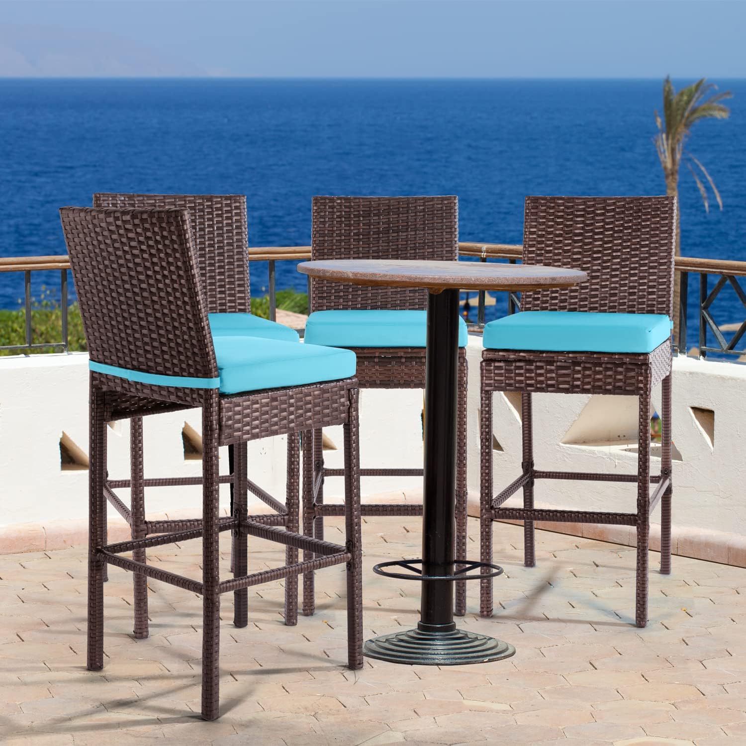 Outdoor Bar Stools Wicker Woven Patio Stools & Patio Bar Chairs Set of 2 Counter Bar Height Stools with Footrest