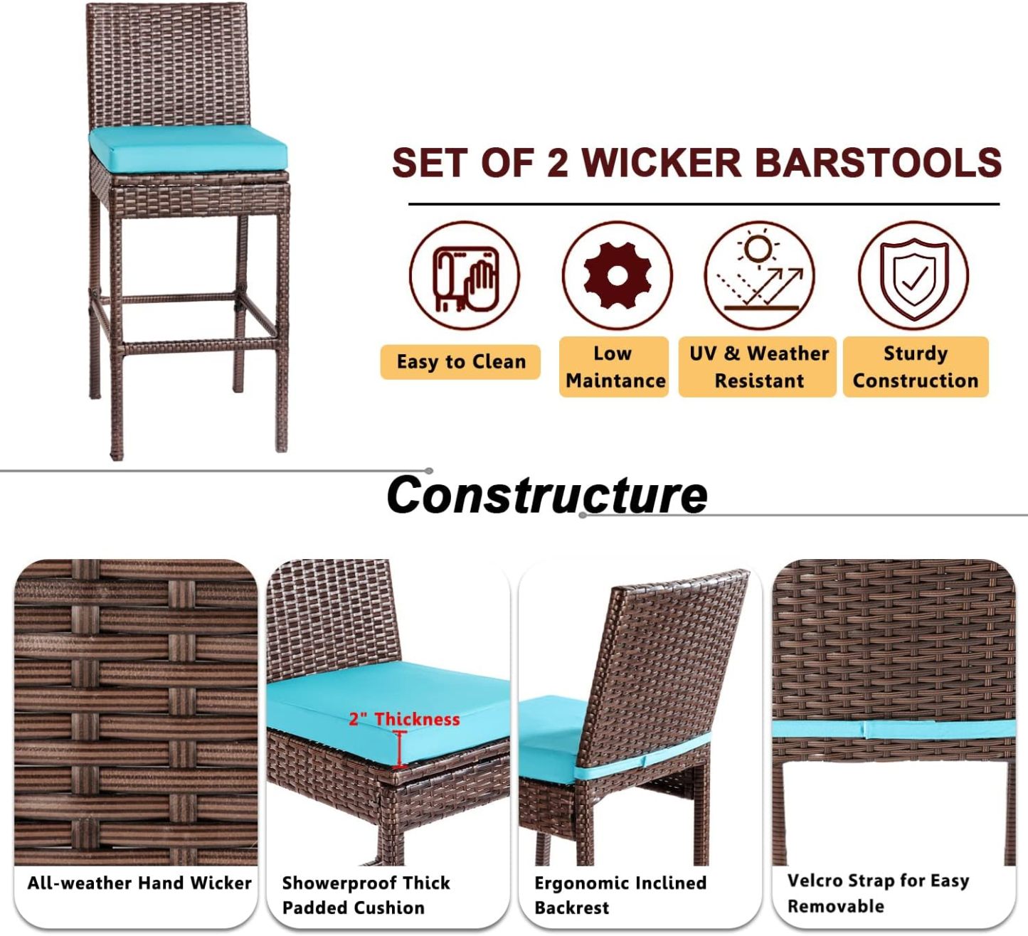 Outdoor Bar Stools Wicker Woven Patio Stools & Patio Bar Chairs Set of 2 Counter Bar Height Stools with Footrest