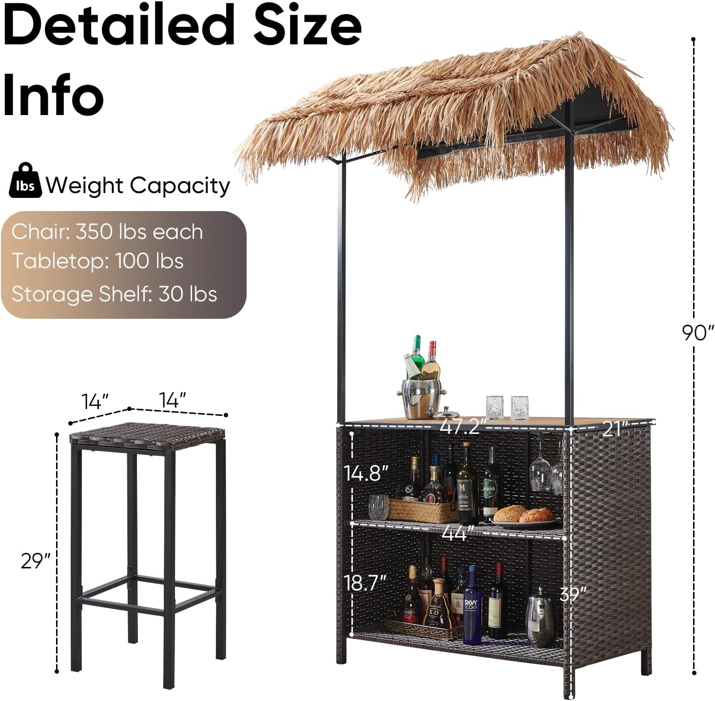 3 Piece Wicker Bar Height Patio Set with 2 Stools, Storage Shelves & Wine Glass Rack