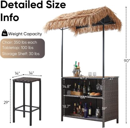 3 Piece Wicker Bar Height Patio Set with 2 Stools, Storage Shelves & Wine Glass Rack