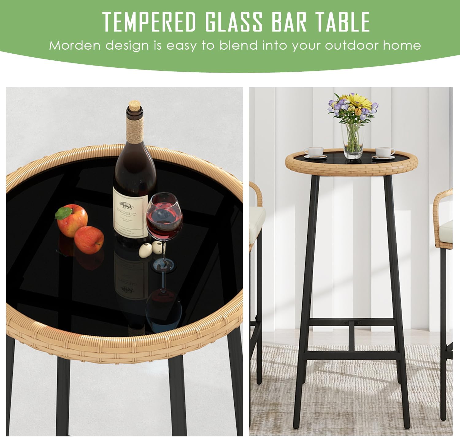 3 Pieces Patio Bar Table Set, Outdoor Wicker Bar, All Weather Height Bar Stools and Table Set, for Garden, Deck