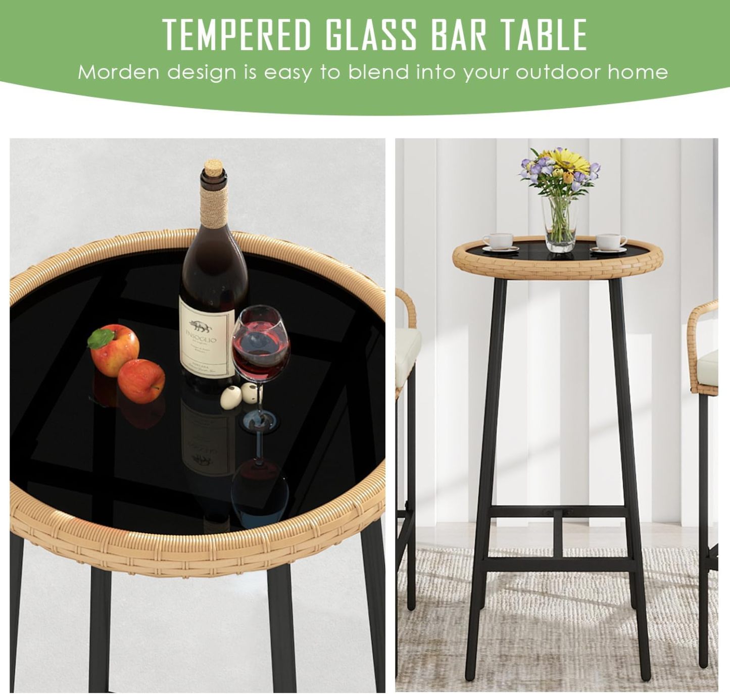 3 Pieces Patio Bar Table Set, Outdoor Wicker Bar, All Weather Height Bar Stools and Table Set, for Garden, Deck