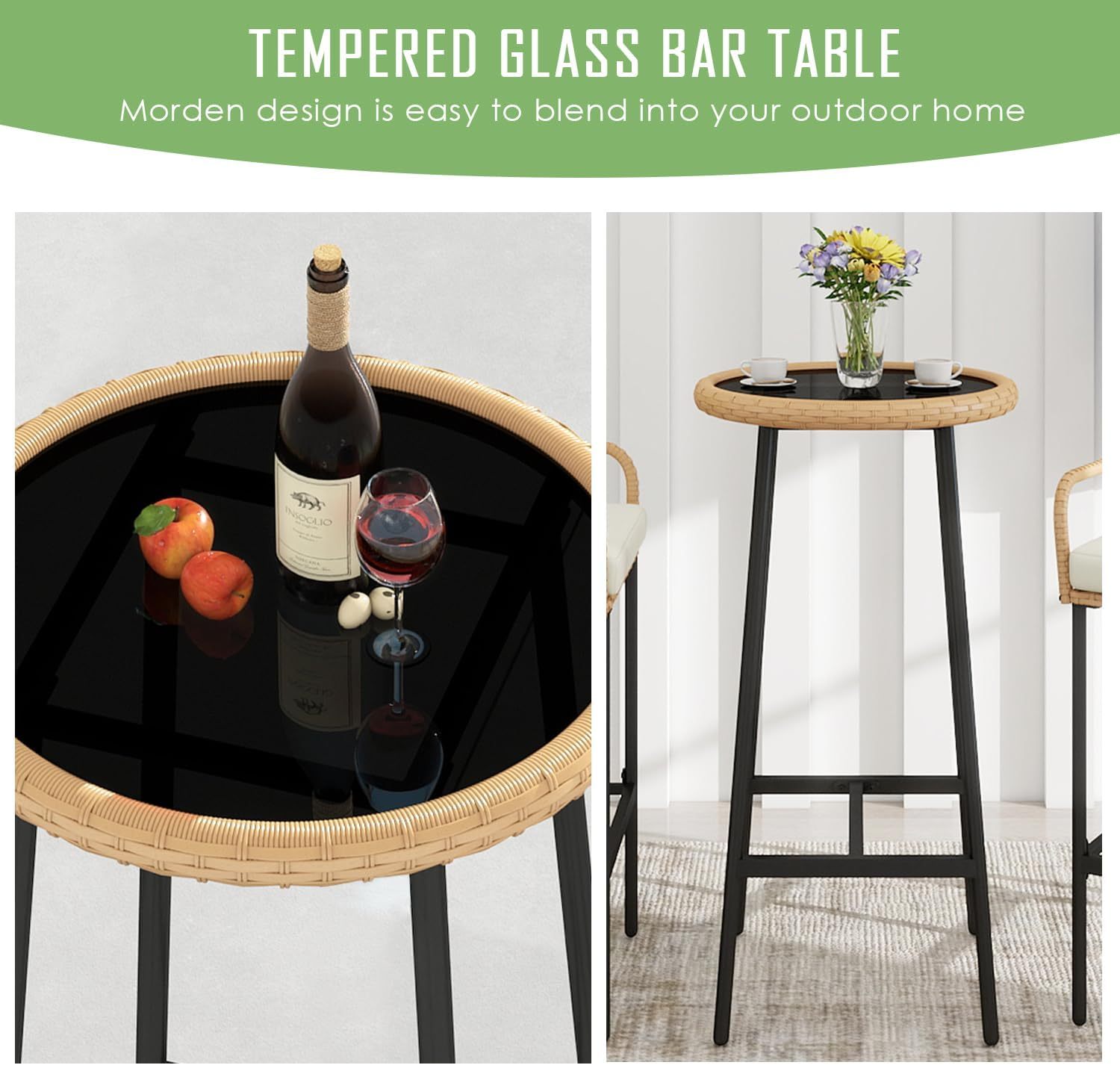 3 Pieces Patio Bar Table Set, Outdoor Wicker Bar, All Weather Height Bar Stools and Table Set, for Garden, Deck