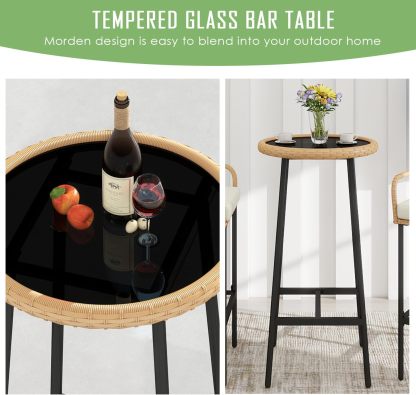 3 Pieces Patio Bar Table Set, Outdoor Wicker Bar, All Weather Height Bar Stools and Table Set, for Garden, Deck