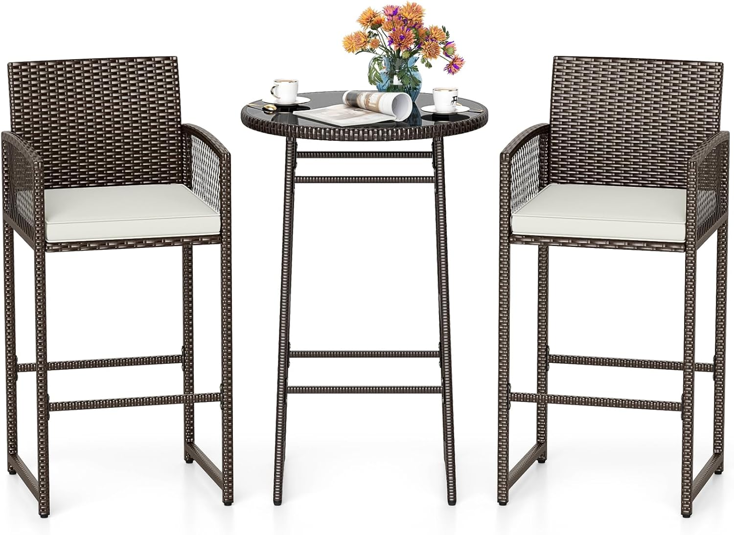 Outdoor Wicker Bar Height Glass Top Table & 2 Cushioned Barstools Heavy Duty, for Backyard, Poolside, Porch