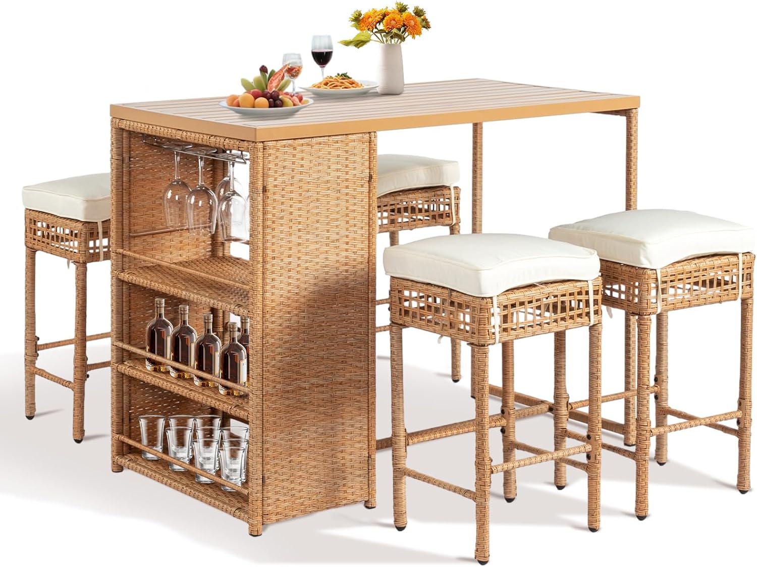 5-Piece Outdoor Bar Set, Wicker Rattan Bar Height Patio Set w/4 Cushion Bar Stools & Table with Hidden Storage