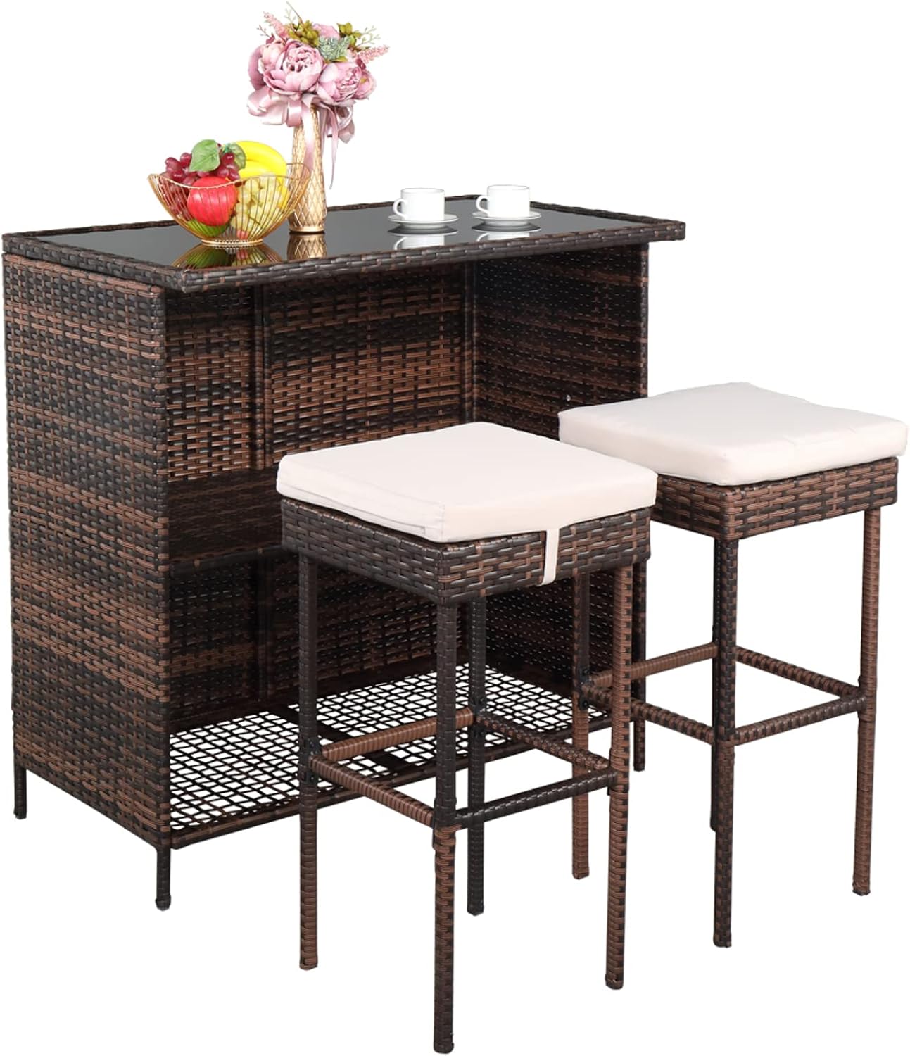 Wicker Patio Outdoor Bar Set with Glass Top Table and Two Cushioned Stools Brown Backyard Furniture