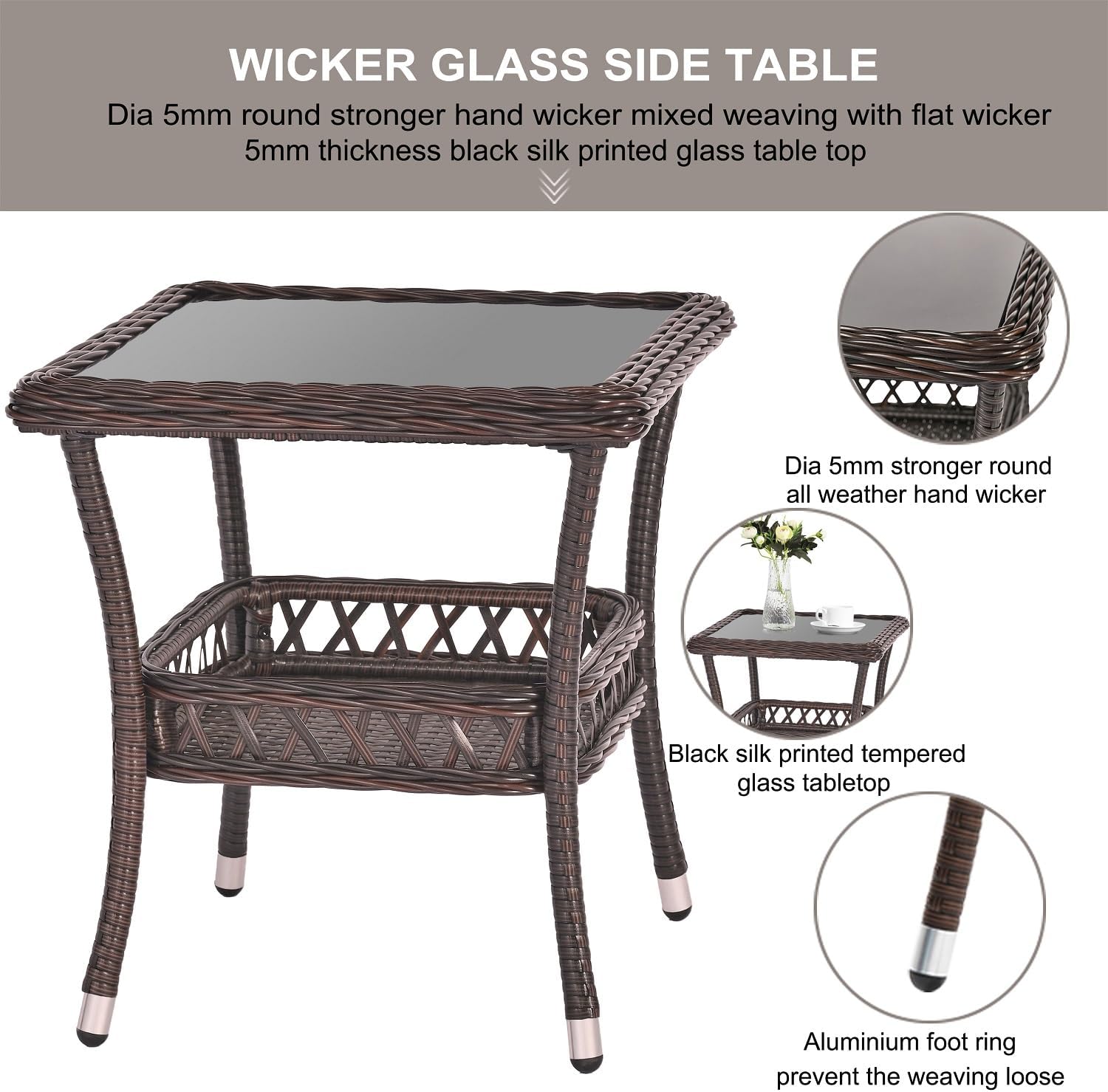 Wicker Coffee Table Outdoor End Table Rattan Bistro Table with Storage & Black Glass Table Top Square
