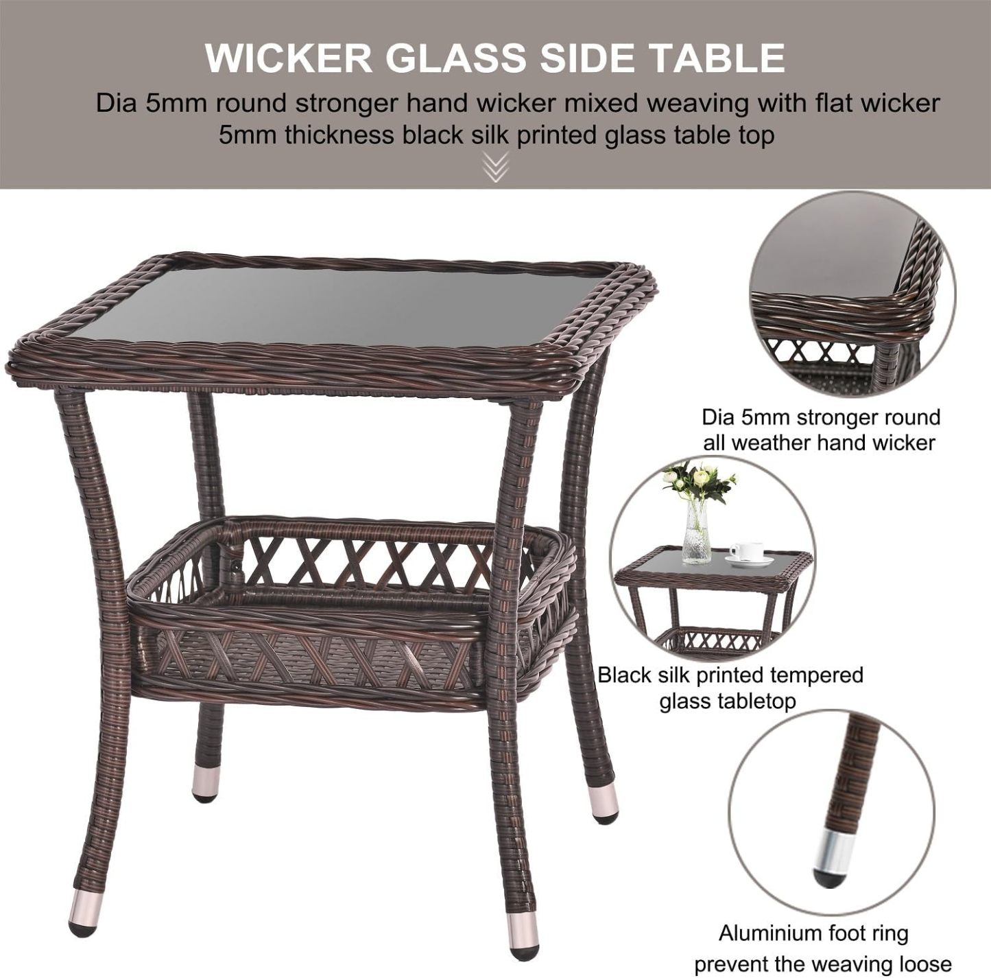 Wicker Coffee Table Outdoor End Table Rattan Bistro Table with Storage & Black Glass Table Top Square