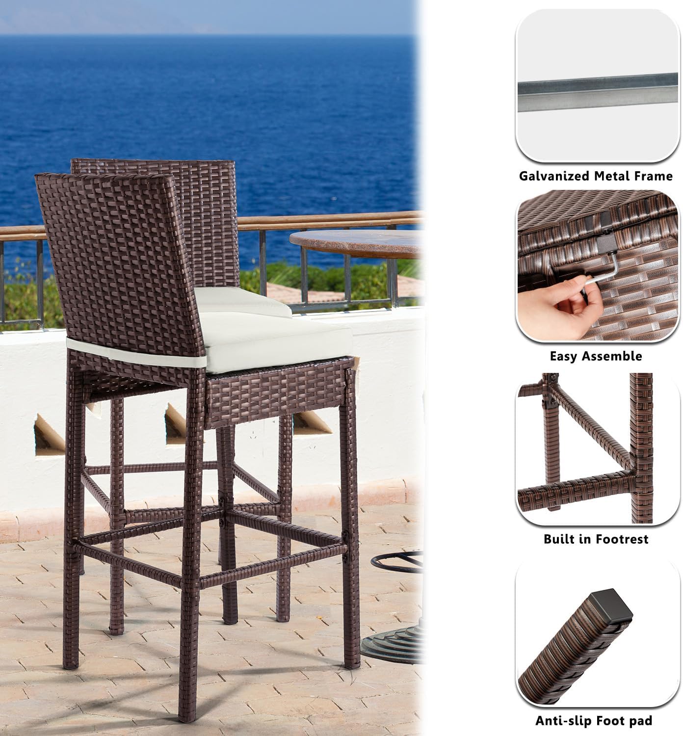 Outdoor Bar Set for Patio 3pcs Outdoor Bar Table and Chairs Set All Weather Bar Height High Top Outdoor Table and Chairs Wicker Bar Stools Set of 2 Tall Patio Table