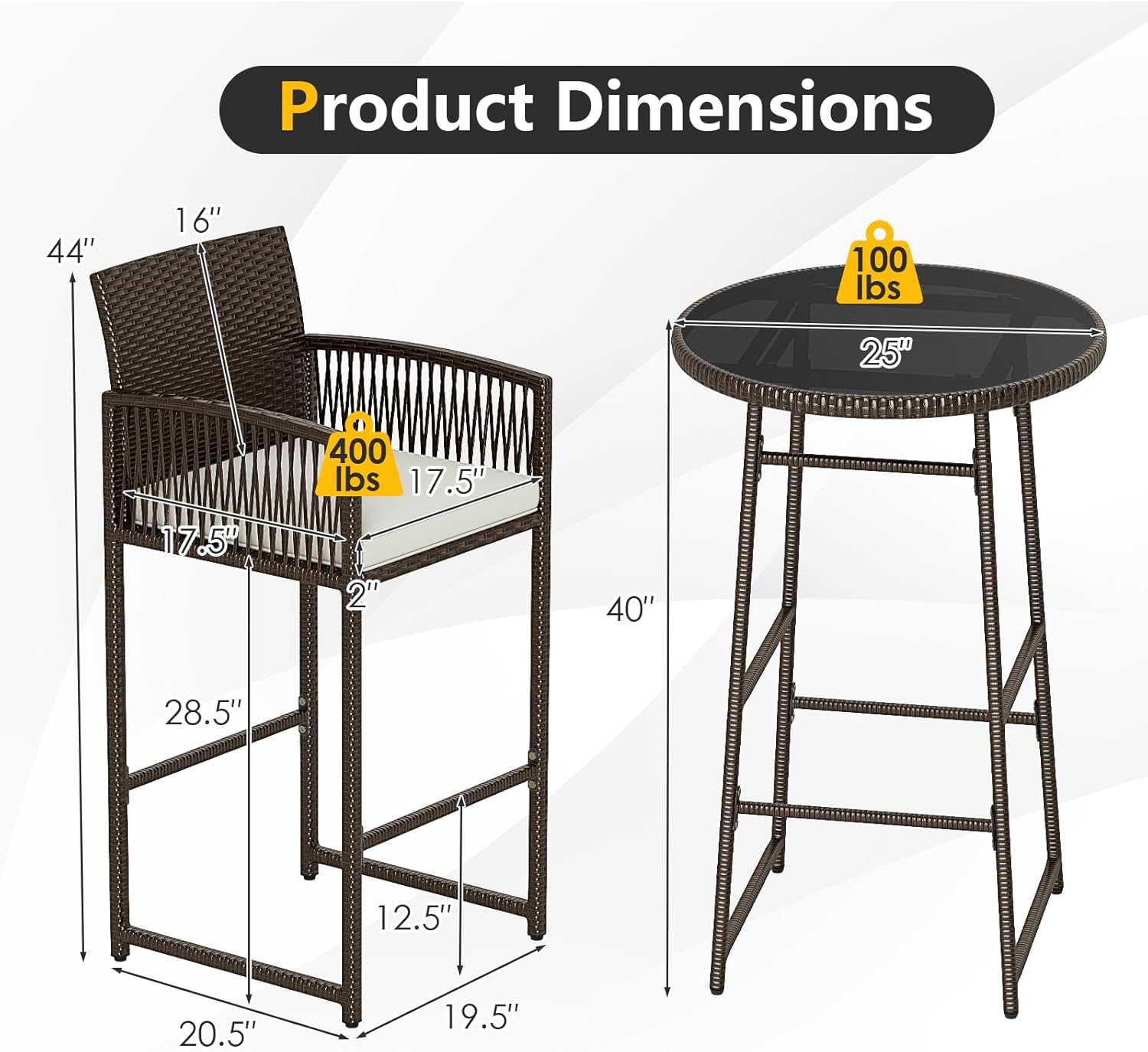 Outdoor Wicker Bar Height Glass Top Table & 2 Cushioned Barstools Heavy Duty, for Backyard, Poolside, Porch