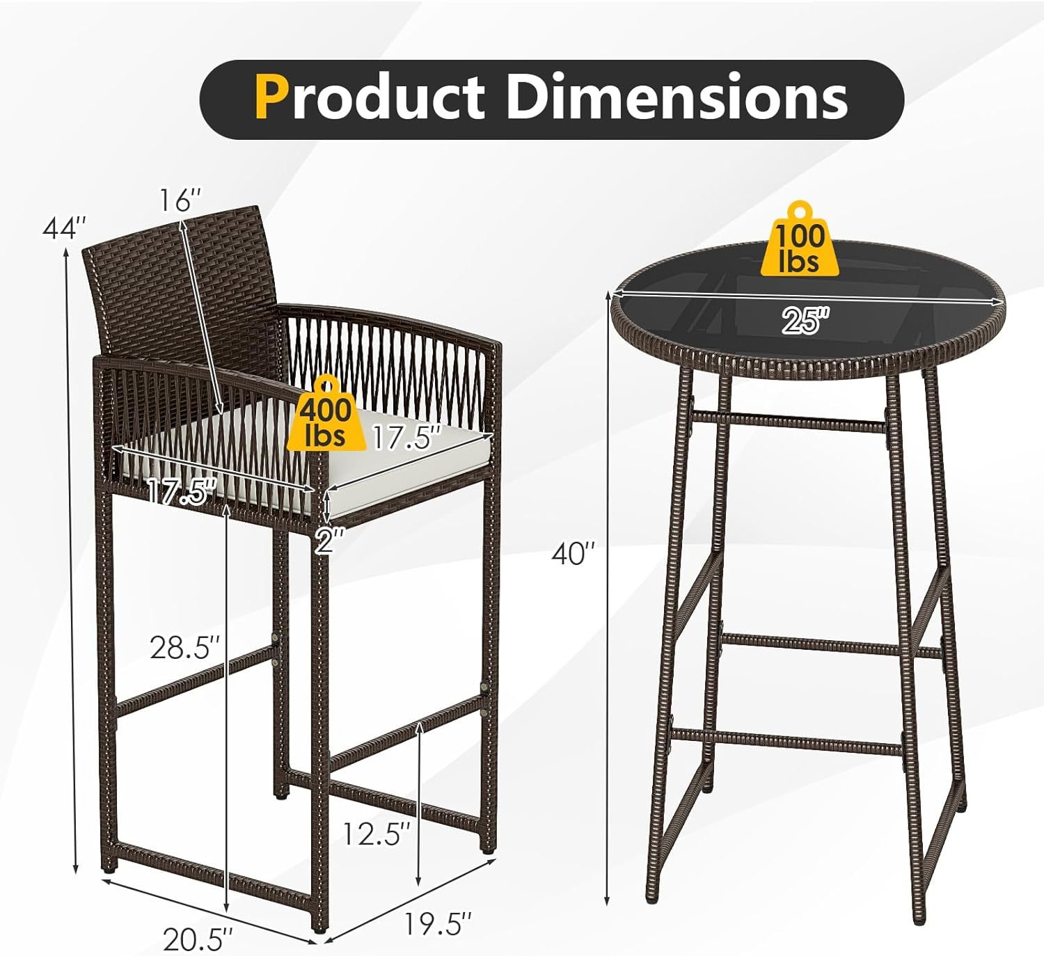 Outdoor Wicker Bar Height Glass Top Table & 2 Cushioned Barstools Heavy Duty, for Backyard, Poolside, Porch