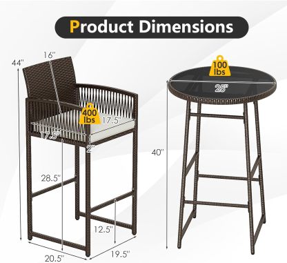 Outdoor Wicker Bar Height Glass Top Table & 2 Cushioned Barstools Heavy Duty, for Backyard, Poolside, Porch