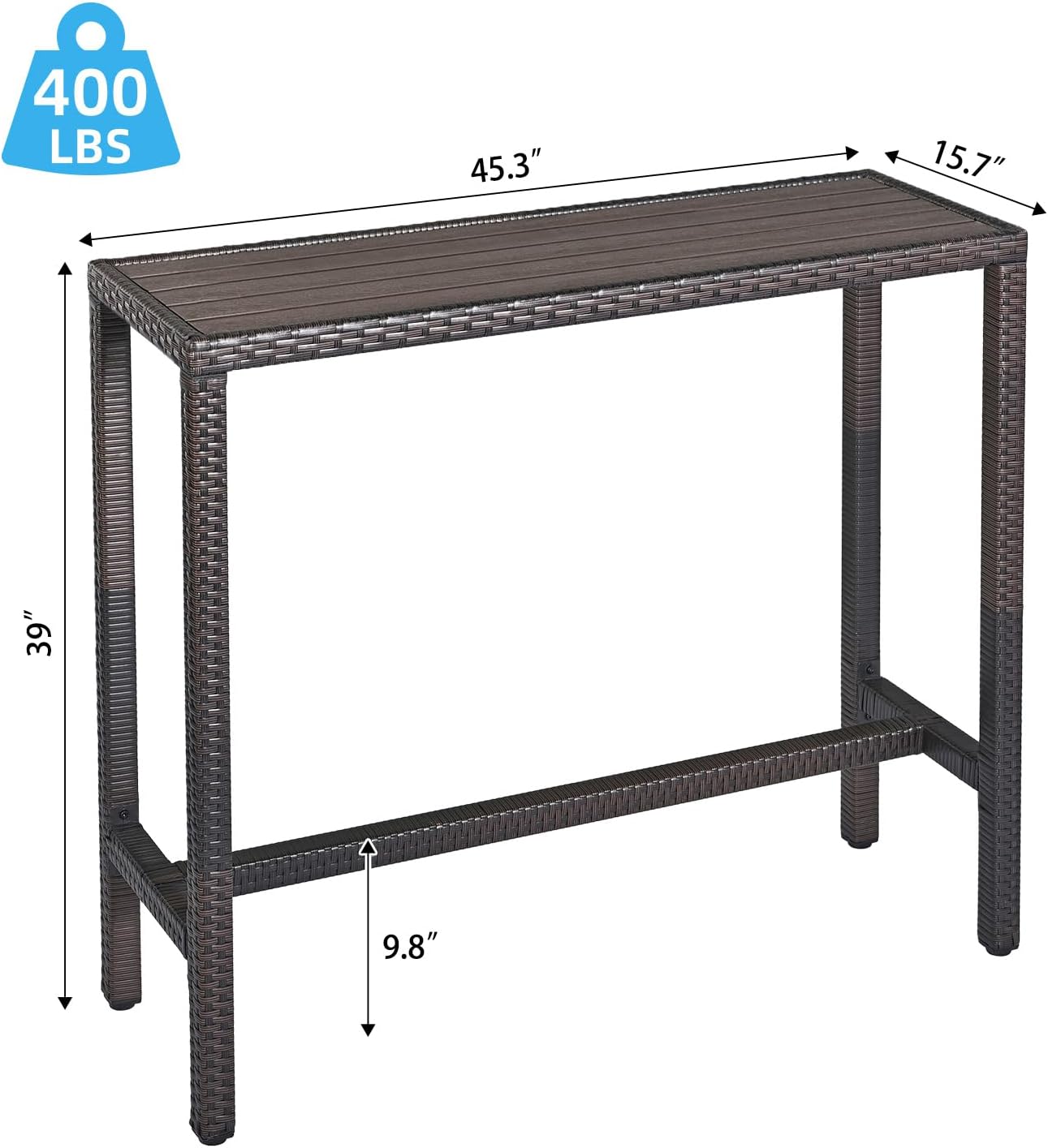 Outdoor Bar Table Patio Counter Height Table 45" Long Wicker High Top Pub Table Tall Console Table Rectangle Narrow with Adjustable Feet