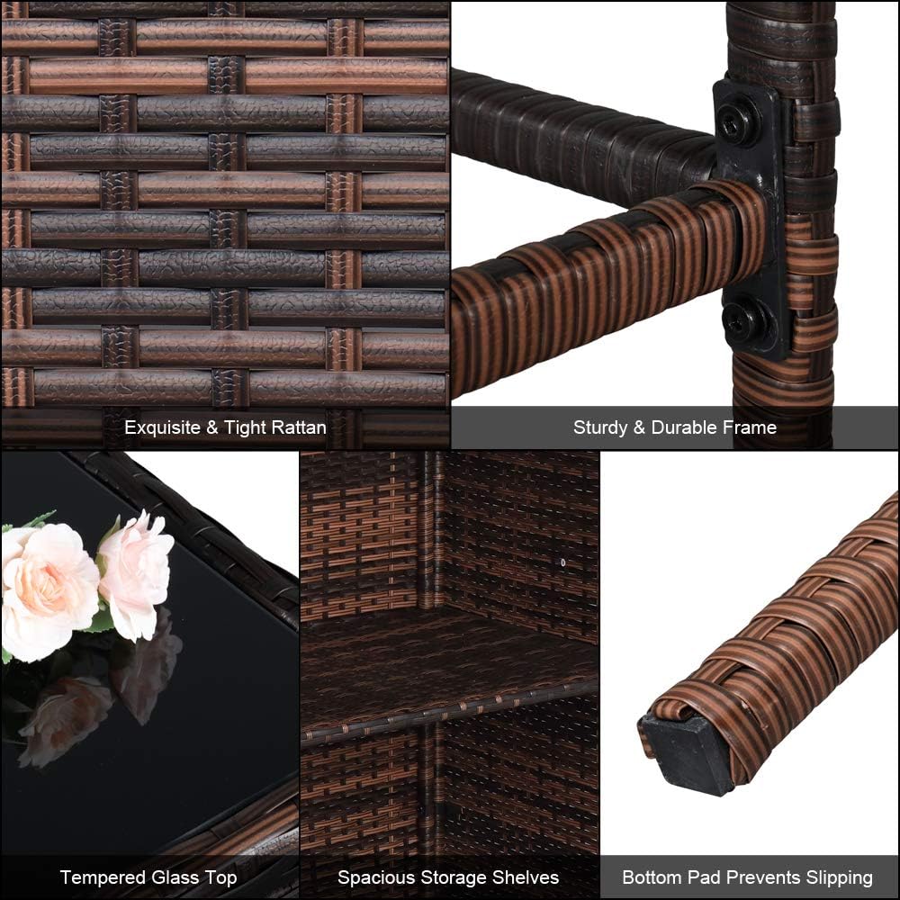 3 Piece Rattan Patio Bar Set with Stools 40" Height Tempered Glass Top Bar Table All-Weather Brown Wicker Furniture