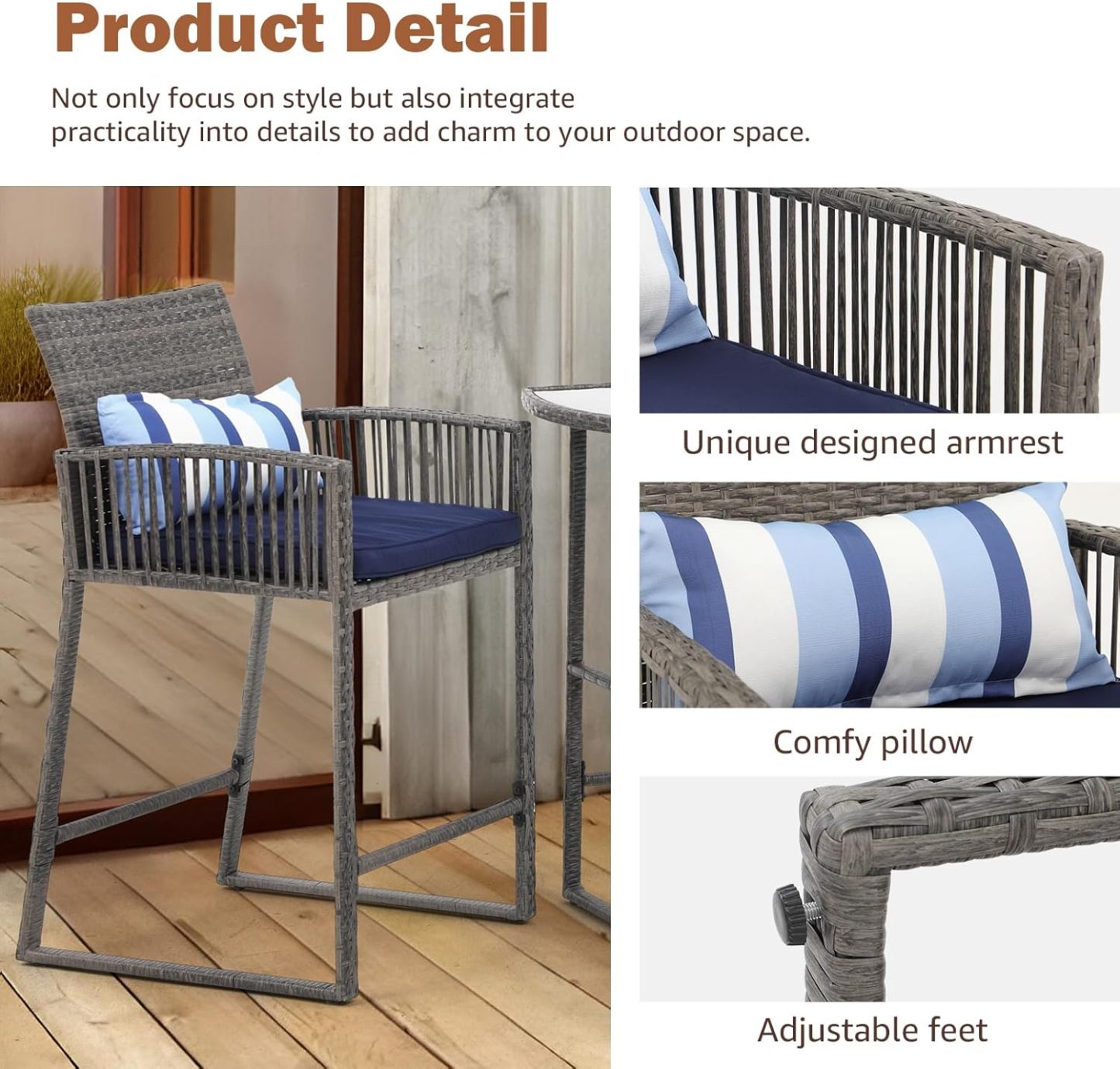 3-Piece Outdoor Wicker Bar Height Table Set, 2 Bar Stools and 1 Pub Table with 2 Striped Pillows, Grey Rattan, Blue Seat Cushions