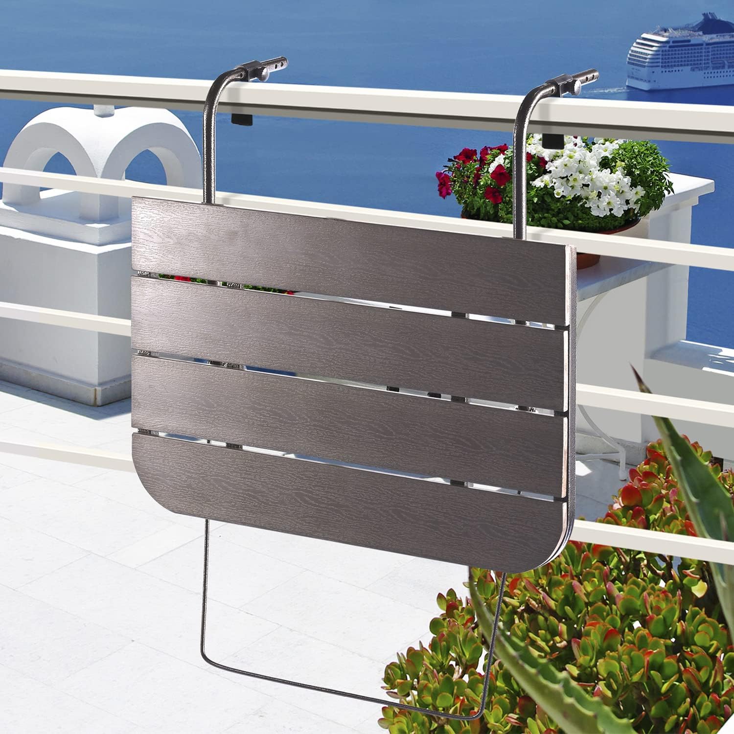 Balcony Railing Table Outdoor Hanging Folding Brown Aluminum Metal Side Table Adjustable 23.6"L x 15.7"W
